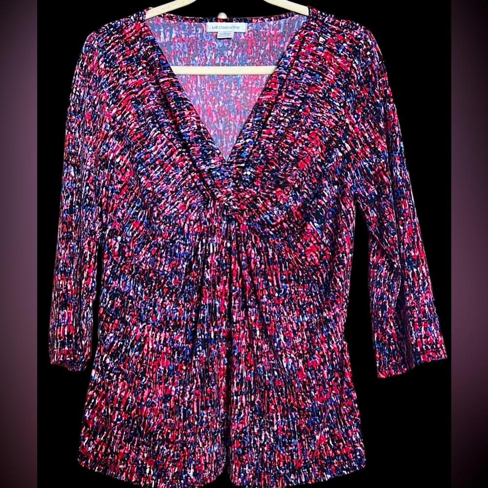LIZ CLAIBORNE Black/Red/Blue Pattern Knot Front Babydoll Top, Size Large, EUC.